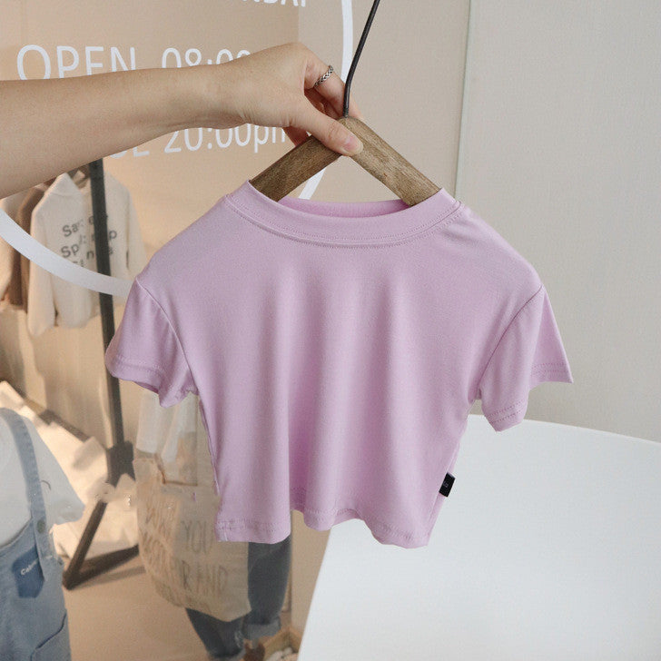 Baby solid color washed cotton short sleeve T-shirt