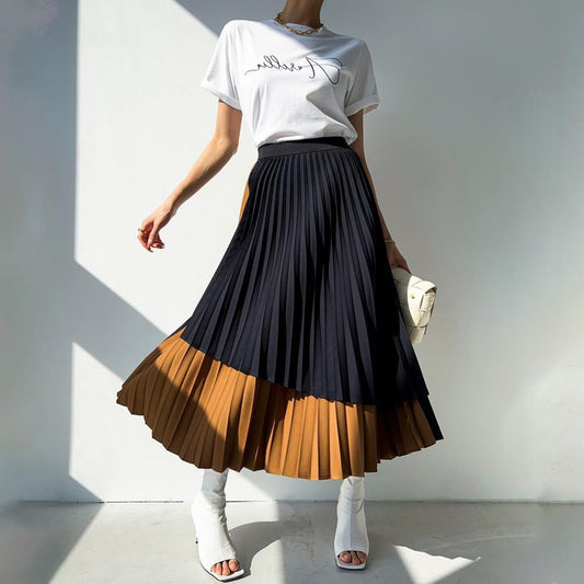 Women Skirt High Elastic Waist Contrast Colors Fashion Fold Skirts Female Clothing Irregular