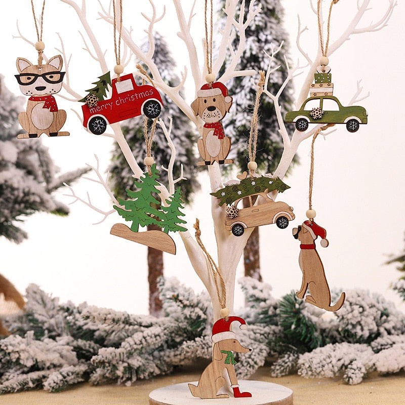 4pcs Creative Red Hat Dog Wooden Craft Christmas Tree Decor Pendant Ornament Merry Christmas Decoration for Home Navidad