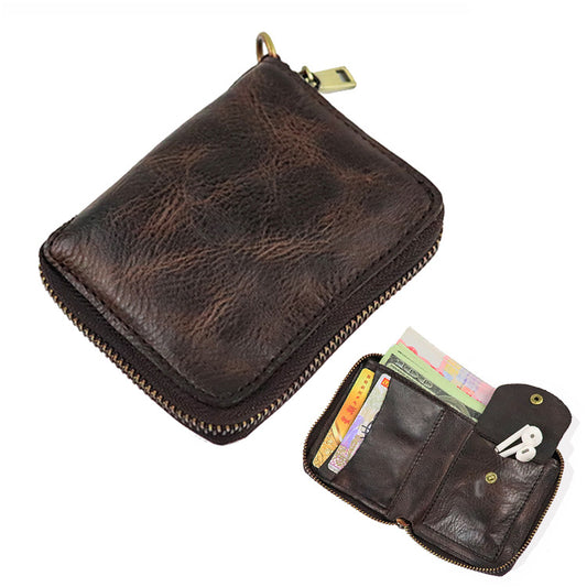 Zipper folding compact vegetable tanned leather wallet