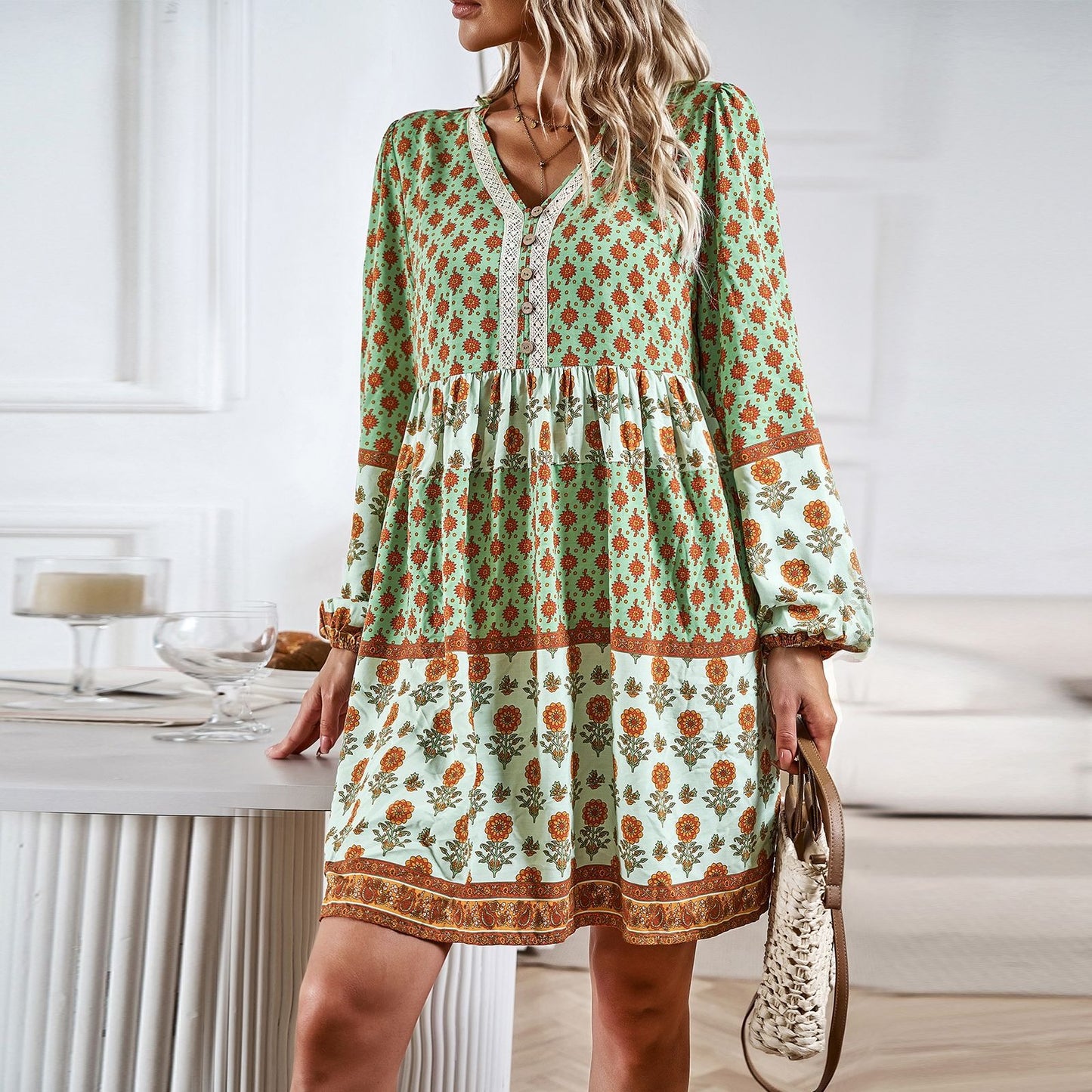 Women's Autumn Vacation Casual Bohemian Mid length Dress