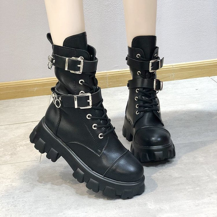 Square heel platform lace-up ankle boots