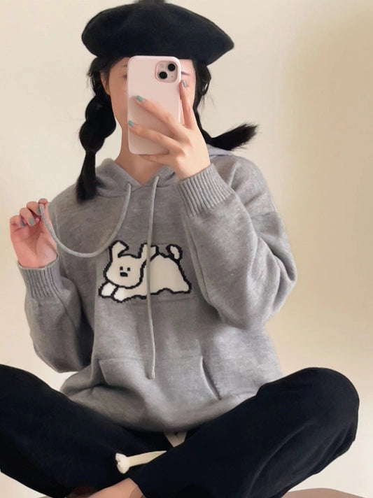 Cute Cartoon Hooded Sweater Knitted Sweater Spring And Autumn New Loose Pockets Overlapping Tops Temperament Sweater