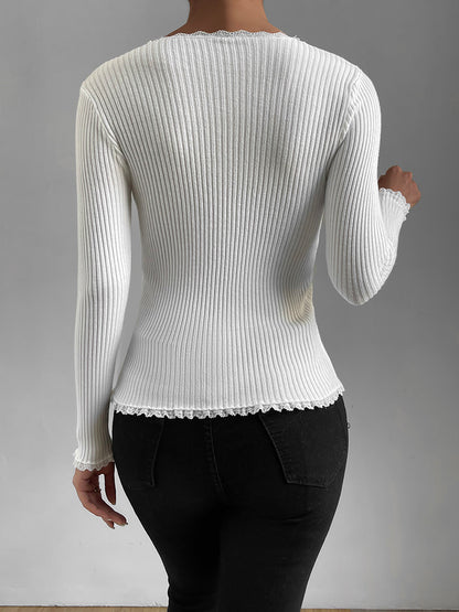 Women's Lace White Backing Shirt Slim and Comfortable Top Button Round Neck Knitted Sweater