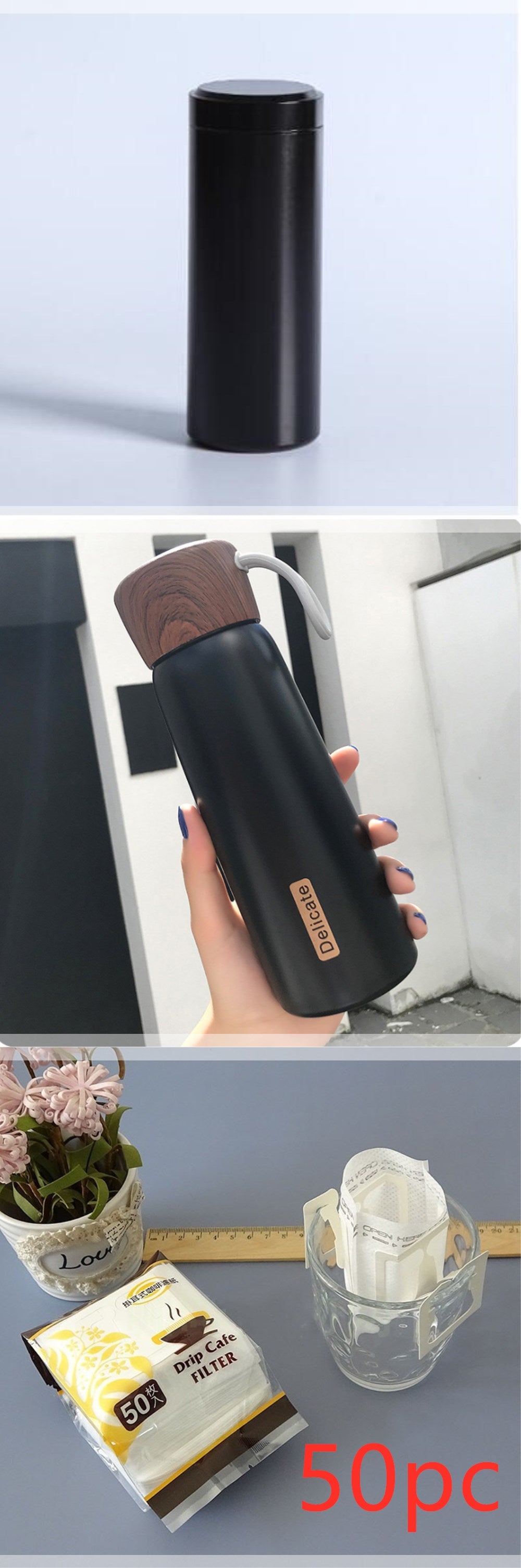 Portable Water Cup Student Creative Wood Grain Lid Handle Thermos