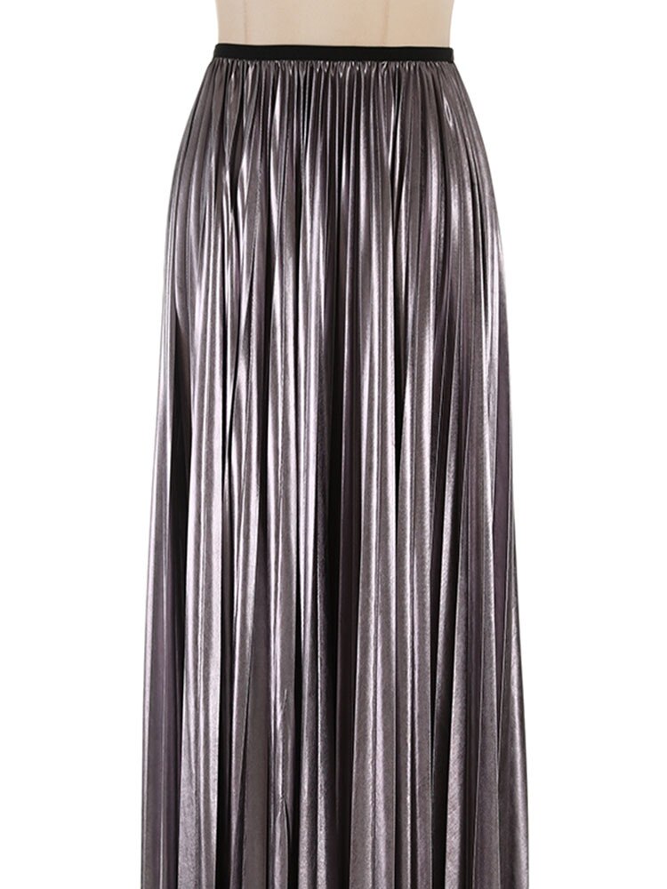 Women Silver Gray Pleated Long Elegant Half-body Skirt High Elastic Waist Fashion Tide New Spring Summer