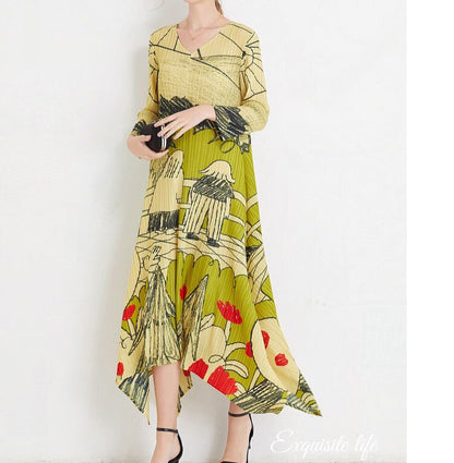 OFF designer aesthetic vintage pring long sleeve maxi dresses women's clothing loose oversized Pleated dress elegant party robe