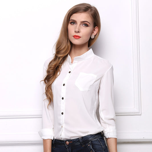 USA SIZE Casual pocket large size sunscreen bottoming shirt loose stand collar long sleeve chiffon shirt white shirt