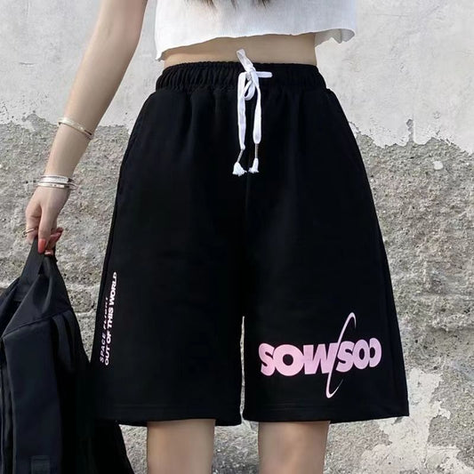 Summer New Loose High Waist Slimming Black Wide-leg Sports Shorts For Women