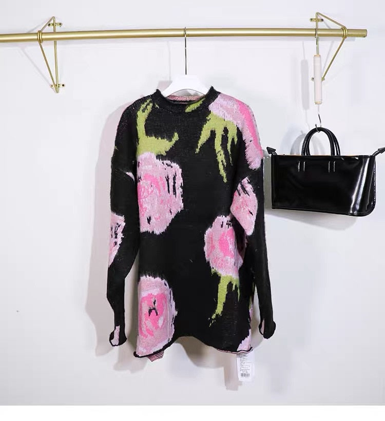 Loose Autumn Casual Pullover Women Pink Flower Black Sweater Long Sleeve O-Neck Fashion Hit Colar Knitted Tops Crochet