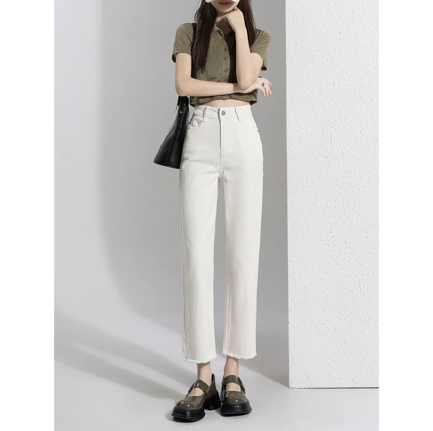 Women's Creamy-white Denim Ankle-length Pants