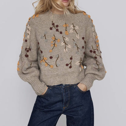 Winter Beaded Embroidery Decoration Bubble Sleeve Sweater