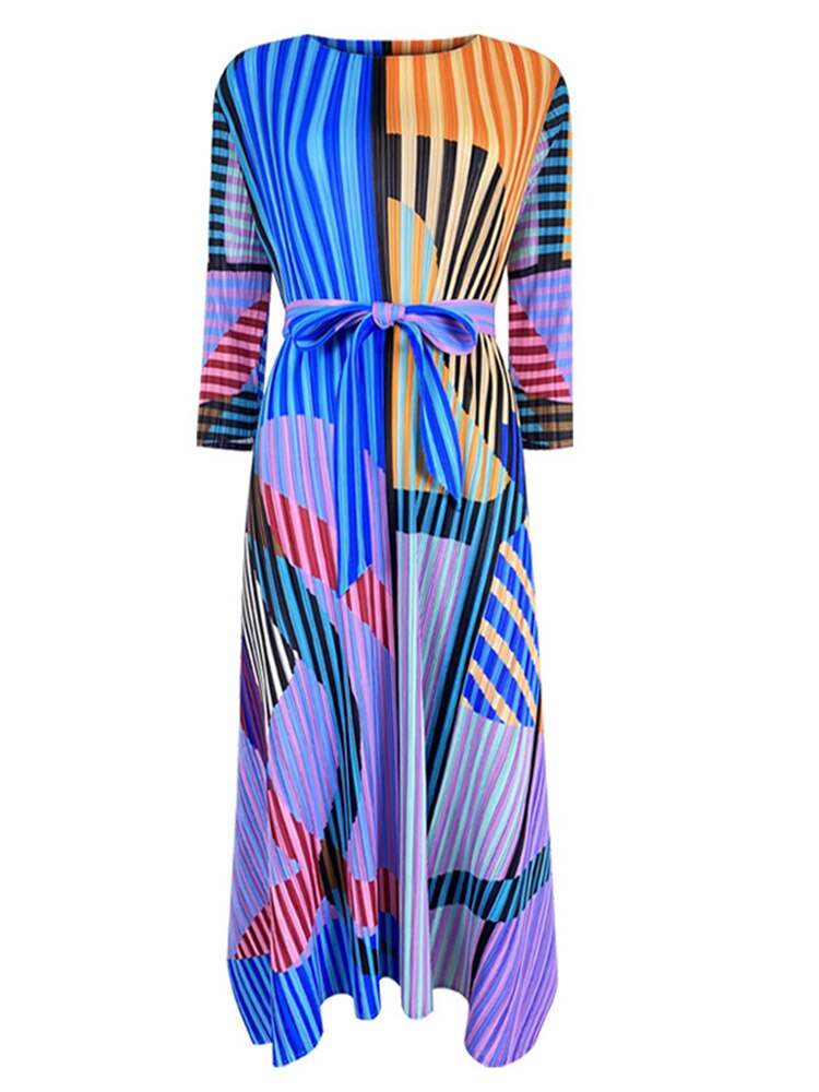 Woman Pleated Dress Color Block Print With Sashes Elegant Asymmetrical Midi Dresses Casual Summer Fashion