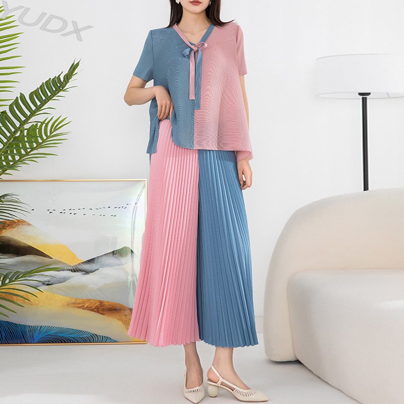 Pleated Suit Women's Fashion Two-piece Summer New Color Bump Loose Large Yard Tops Elastic Waist Wide Leg Pants