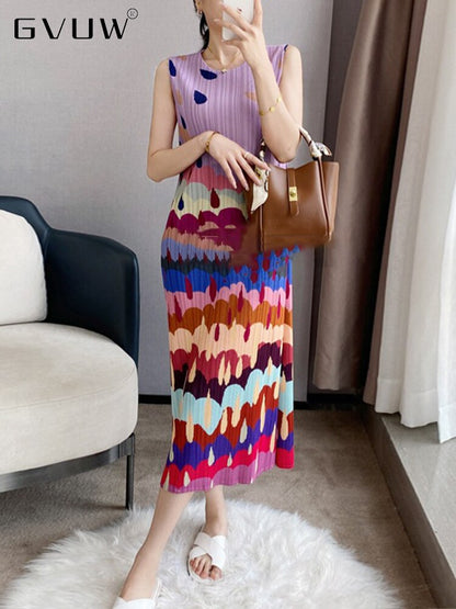 Women Holiday Pleated Dress Round Collar Staright Sleeveless Color Block Print Split Summer