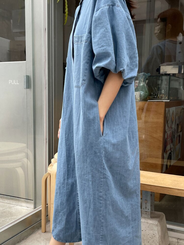 [EWQ] Women Denim Dress Loose Fit Lantern Sleeve Fashion Pocket Dresses  Summer New Tide Fashion Female Stand Vestido 16U107