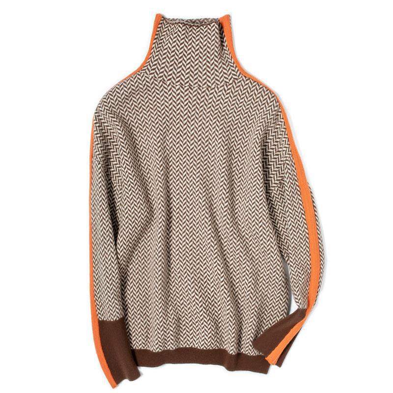 Winter Women's Turtleneck Sweater Warm Pullover Commuter Elegant Top Loose Casual Top Retro Contrast Color