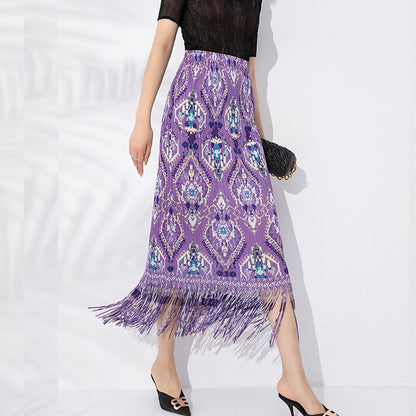 Miyake Tassel Printed Skirt Women's New Fashion Temperament Versatile Large Size Elastic Waist High-end Long A-line Skirt