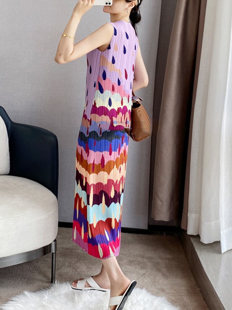 Women Holiday Pleated Dress Round Collar Staright Sleeveless Color Block Print Split Summer