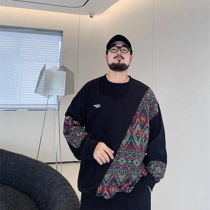 Large Men's Loose Round Neck Ethnic Style Panel Sweater