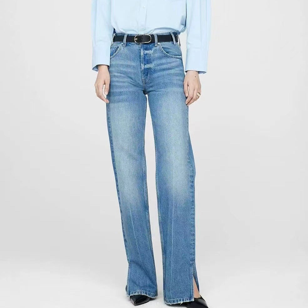 Women's Nordic Blue Mid-waist Button Placket Straight Jeans