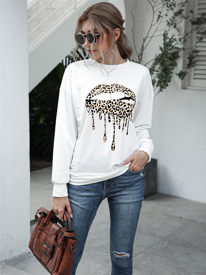 Round Neck Eyelashes Lip Printings Long Sleeve Loose Sweatshirt