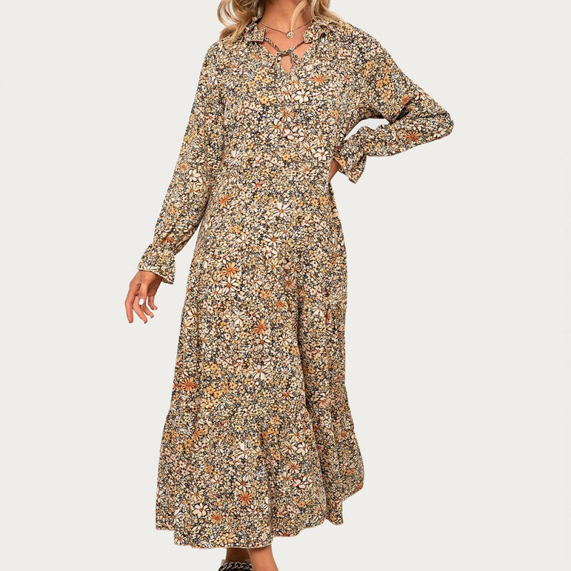 Floral V-neck Ruffle Sleeve Long Printed Long Sleeve Large Sleeve Dress Loose Midi Skirt