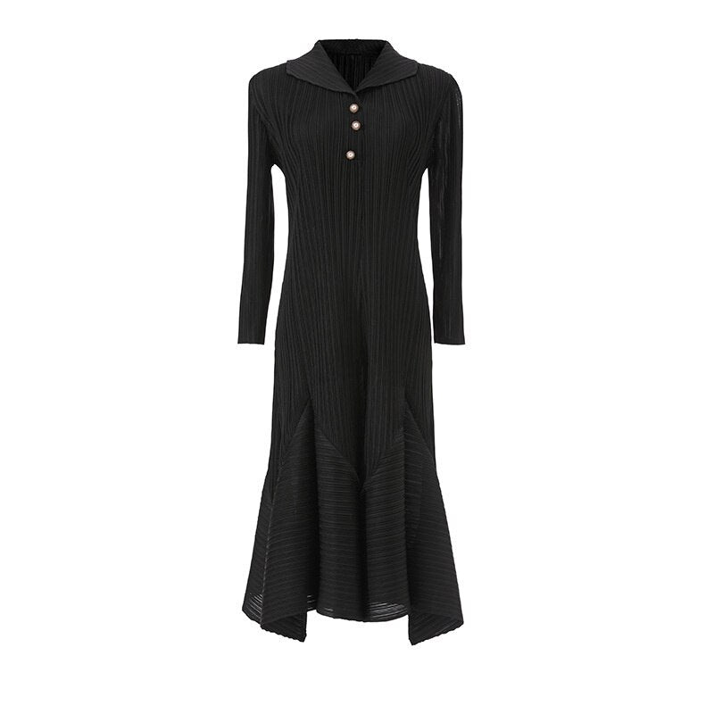 LANMREM Casual Pleated Dress For Women Lapel Long Sleeves Beading A-line Dresses High End Female Clothing  New YAa541