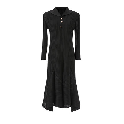 LANMREM Casual Pleated Dress For Women Lapel Long Sleeves Beading A-line Dresses High End Female Clothing  New YAa541