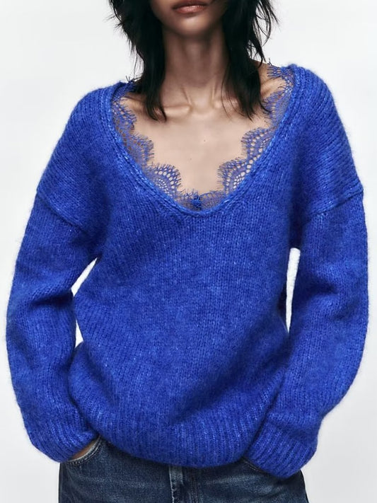 Autumn Fashion Lace Collar Knitted Sweater New O-Neck Pullover Tops Long Sleeve Casual Soft Streetwear