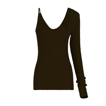 One Shoulder Asymmetrical Design Wool Knitwear Autumn New V-Neck Thin Underlay Slim Top Women