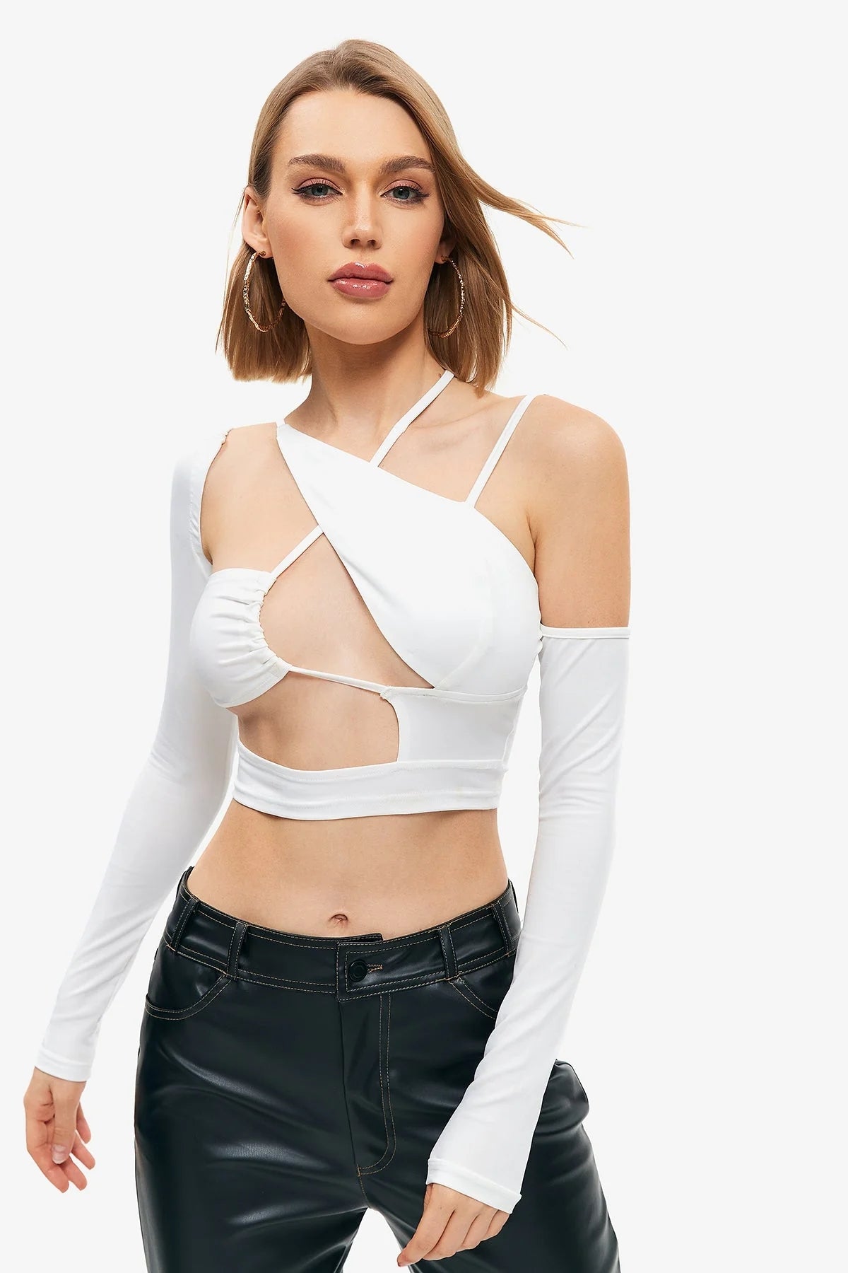 Long Sleeve Top Cut Out Asymmetrical Neck