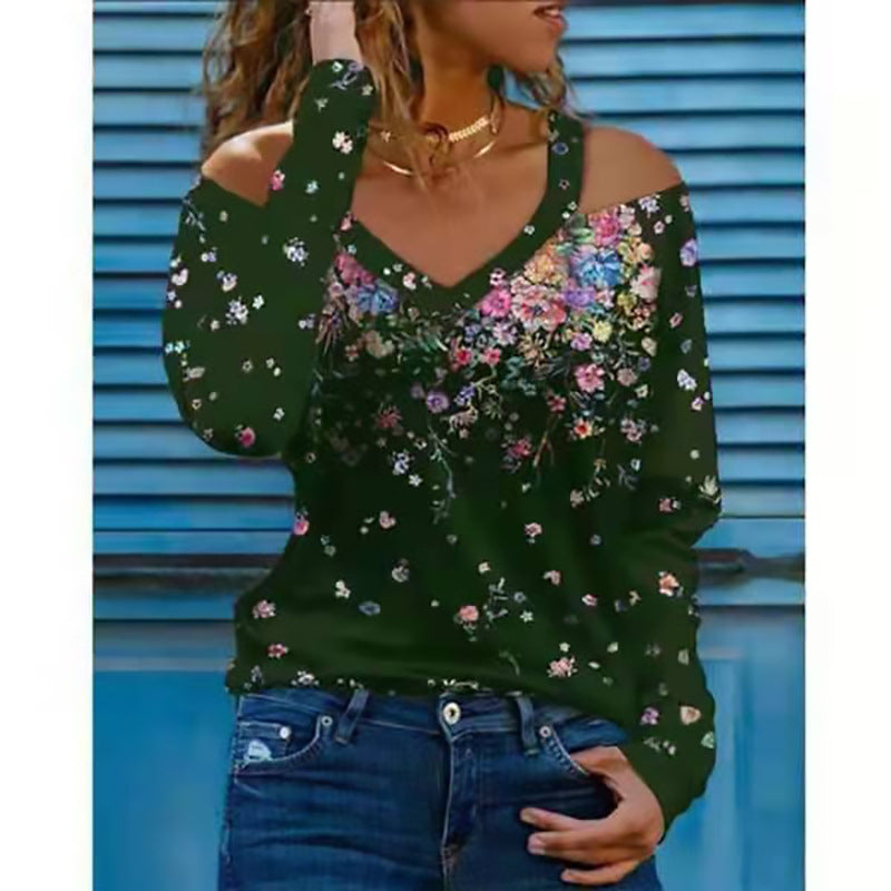 Fashion Long Sleeve V-neck Strapless Floral Ladies T-shirt