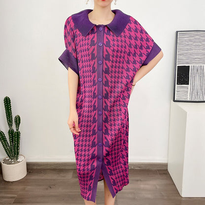 Women's single breasted ruffled lapel dress Miyake Pleated  summer new product loose large size short sleeve printed dresses