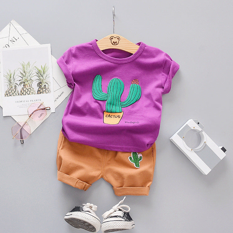 Summer Boys And Girls Cartoon Cactus Pure Cotton T-shirt Children's Suit