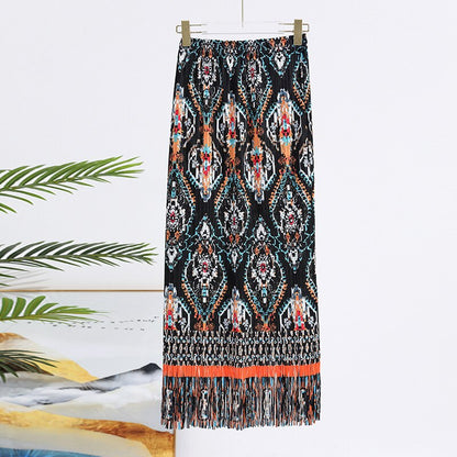 Miyake Tassel Printed Skirt Women's New Fashion Temperament Versatile Large Size Elastic Waist High-end Long A-line Skirt