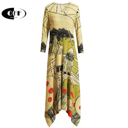 OFF designer aesthetic vintage pring long sleeve maxi dresses women's clothing loose oversized Pleated dress elegant party robe