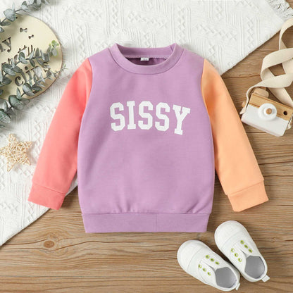 Girls Colorblock Sweater Sisters Letter Long Sleeve Top