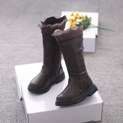 Two Cotton Long Tube Plus Cashmere Girls Children's Leather Boots