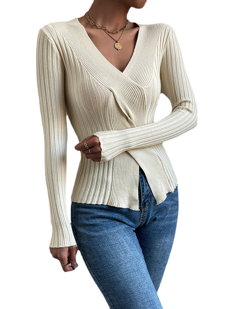 Autumn Women's Sweaters V-neck Cross Knot Long Sleeve Top Slim Fit Comfortable Split Solid Color Knitwear