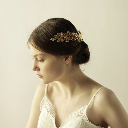 Brass Leaves And Flowers Handmade Pearl Crystal Bridal Hair Comb