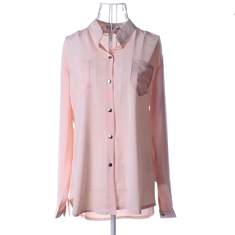 USA SIZE Casual pocket large size sunscreen bottoming shirt loose stand collar long sleeve chiffon shirt white shirt