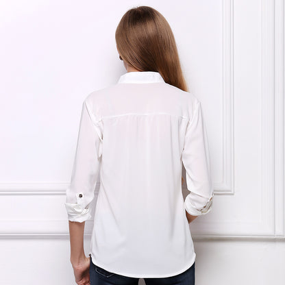 USA SIZE Casual pocket large size sunscreen bottoming shirt loose stand collar long sleeve chiffon shirt white shirt