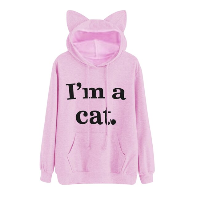 Harajuku Kawaii Cat Ear Cap Hoodies Women I AM A CAT Printed Hooded Sweatshirts Pink Top Cute Long Sleeve Loose Pullover Moletom