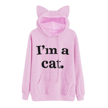 Harajuku Kawaii Cat Ear Cap Hoodies Women I AM A CAT Printed Hooded Sweatshirts Pink Top Cute Long Sleeve Loose Pullover Moletom