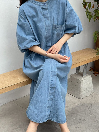 [EWQ] Women Denim Dress Loose Fit Lantern Sleeve Fashion Pocket Dresses  Summer New Tide Fashion Female Stand Vestido 16U107