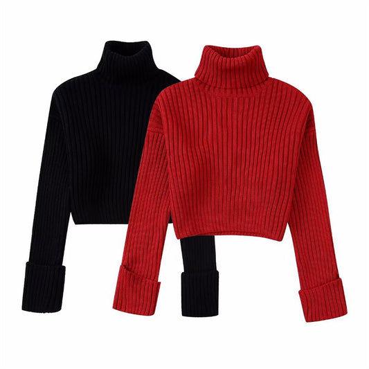 Winter New Fashion Elegant High Collar Long Sleeve Solid Short Knitwear