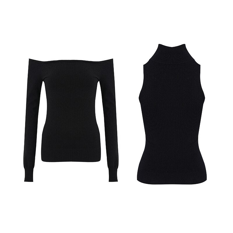 Spring And Summer Design Sense High Neck Strapless Long Sleeve Knit Tops Female Suit Two-Piece