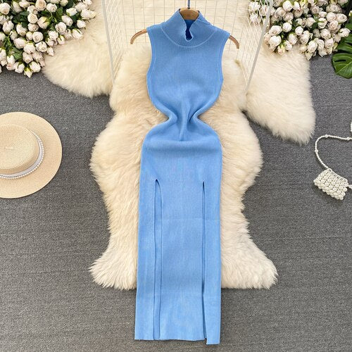 Knitted Stand Collar Women Dresses Sleeveless Vintage Summer Sexy Vestidos Korean Fashion High Waist Long Dress