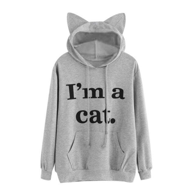 Harajuku Kawaii Cat Ear Cap Hoodies Women I AM A CAT Printed Hooded Sweatshirts Pink Top Cute Long Sleeve Loose Pullover Moletom